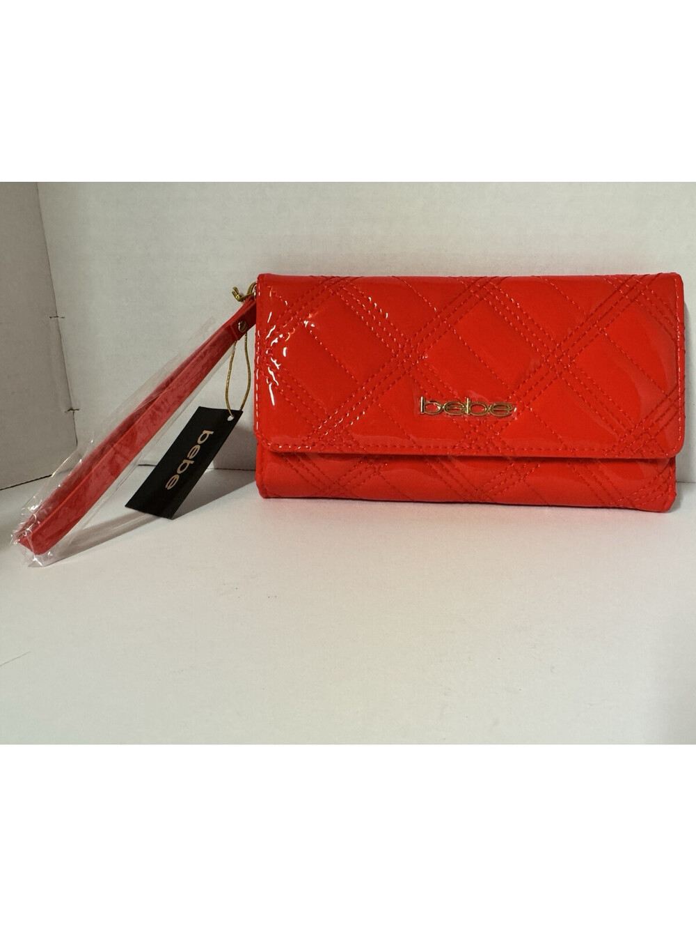 Bebe Cameron BShine Bright Tomato Red Trifold Wristlet Wallet w/ Gold Logo NWT